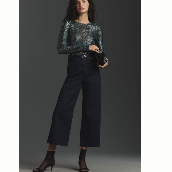 NWT Anthropologie The Colette Sparkle Denim Cropped Wide- Leg Jeans by Maeve - Picture 3 of 11